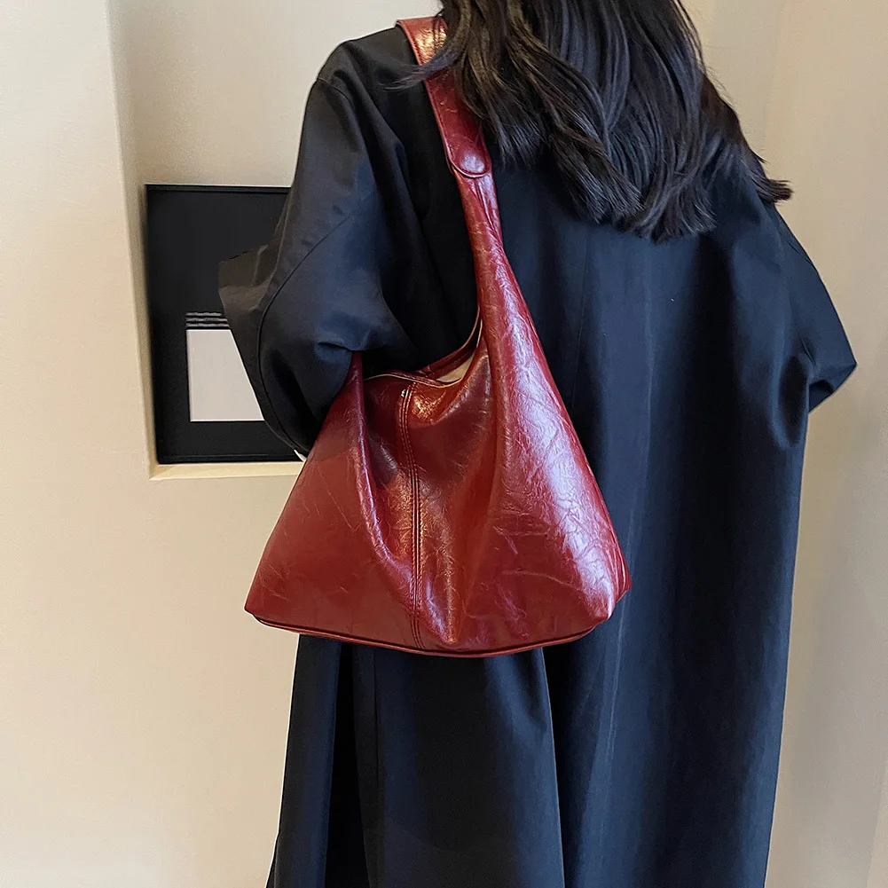 Soft PU Leather Quality Underarm Bag Vintage Wine Red Ladies Shoulder Bag Commuter Large Handbag Bolso Mujer Women's Tote Bag