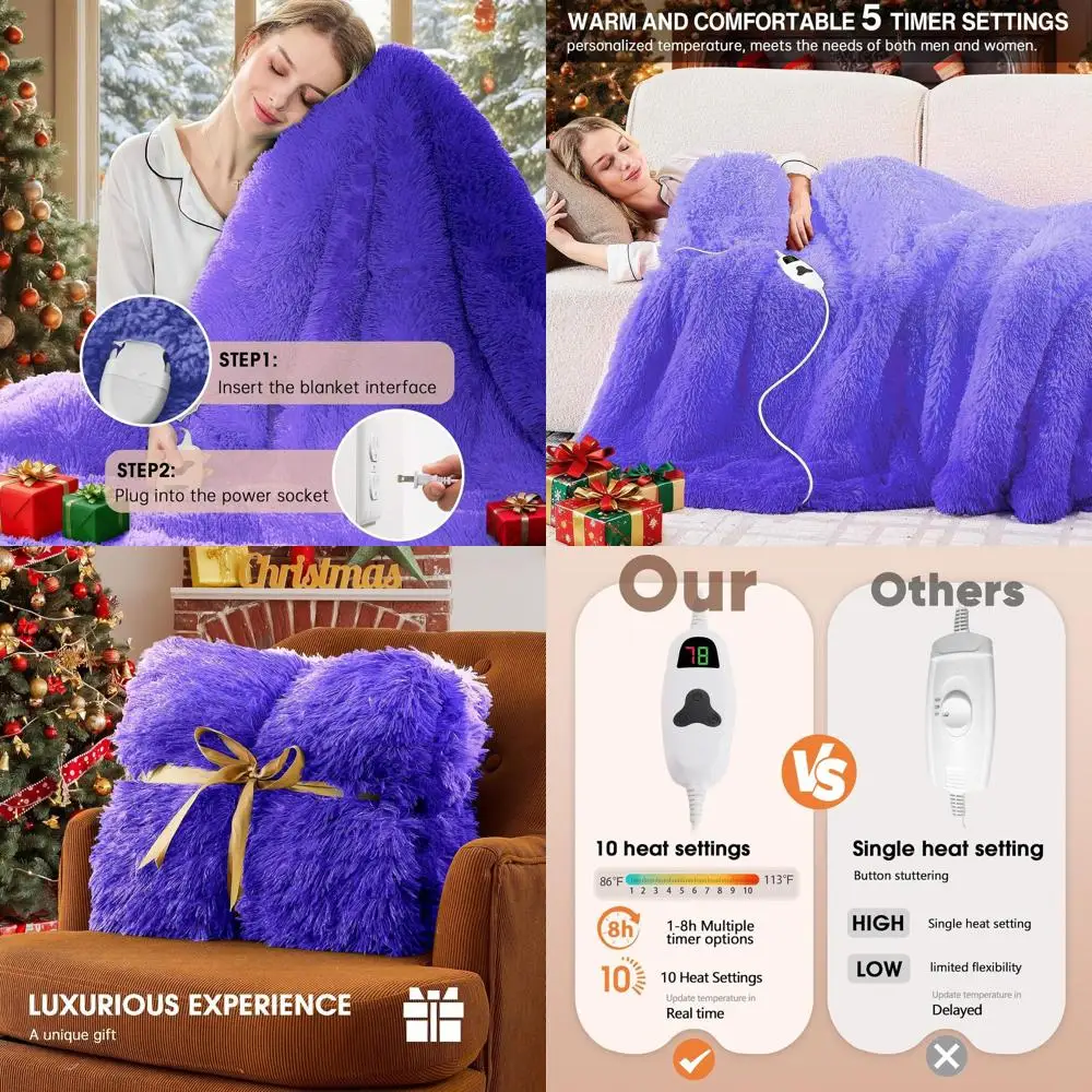 

Электрическое одеяло Twin Size с 10 режимами нагрева и 5 режимами таймера - Искусственный мех шерпа, быстрый нагрев, 62x84, цвет Sunset Purple