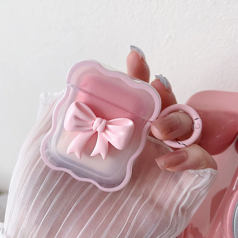 ثلاثية الأبعاد القوس موجة حقيبة سماعة الاذن لابل AirPods 1 2 حافظة الوردي الأزهار الفتيات غطاء ل AirPods Pro صندوق لاسلكي مع سلسلة المفاتيح