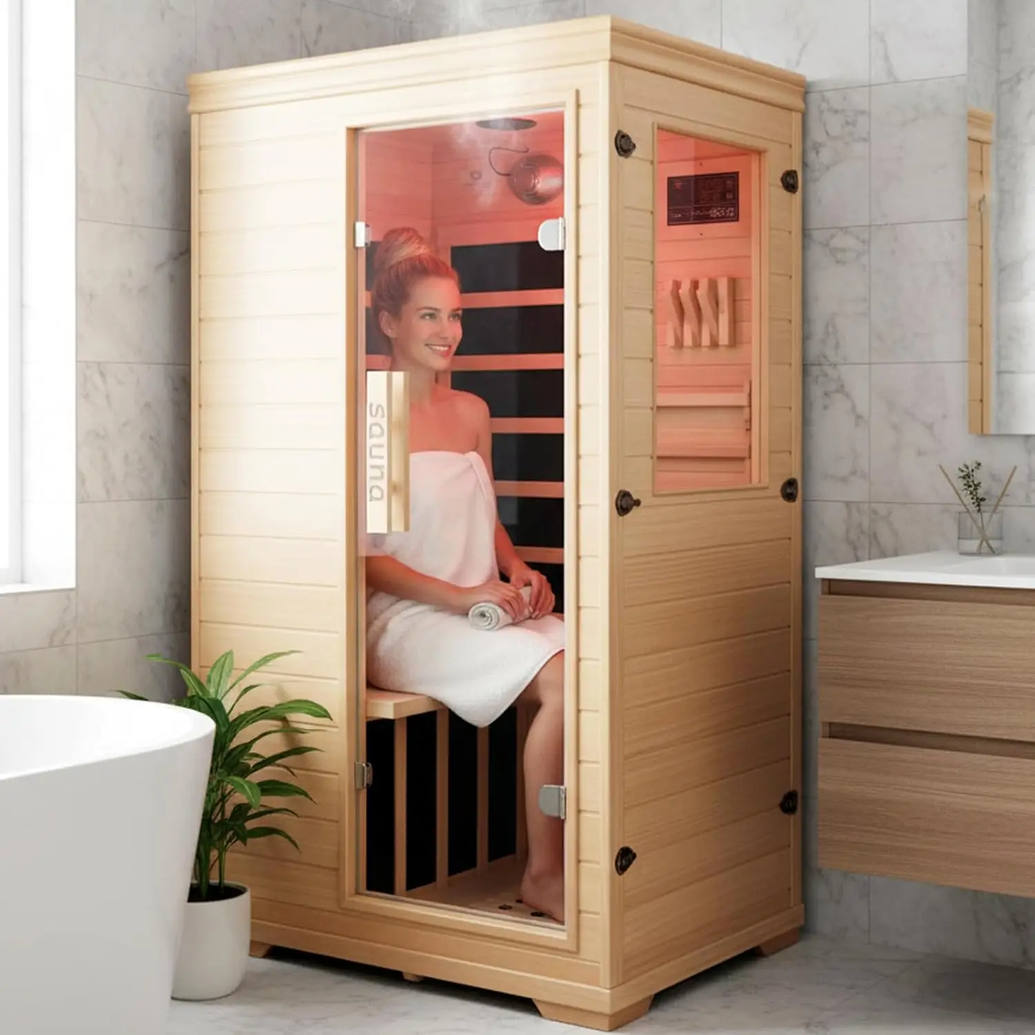 

1 Person Far Infrared Sauna with Bluetooth Speaker Fast Heating 1050W Canadian Hemlock Wood Home Sauna Customizable