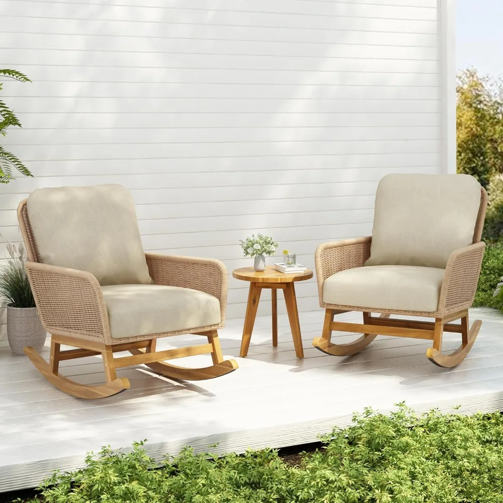 

3-Piece Outdoor Rocking Chair Set with Side Table - All-Weather PE Wicker Patio Furniture Modern Rattan Seating for Small Spaces