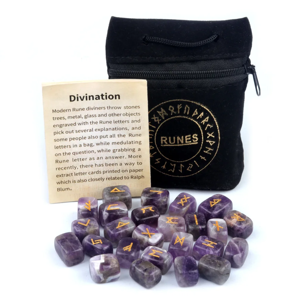 25Pcs/set Natural Crystal Runes Stones Amethyst Agate Witches Runes Stone Set For Divination Meditation Reiki Healing Gift