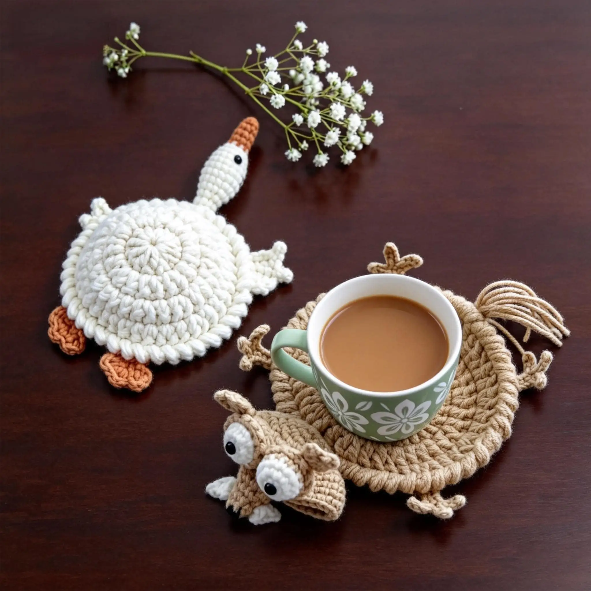 Cute Animal Crochet Coaster Handmade Knitted Drink Mat for Coffee Mug Cup Table Decoration Home Gift