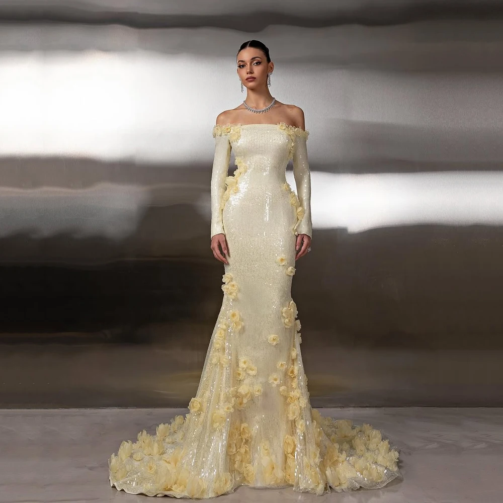 

Yellow Flowers Evening Dresses Full Sleeve Strapless Sequined Pastrol Prom Dresses 2026 Mermaid Robes De Soirée Customized