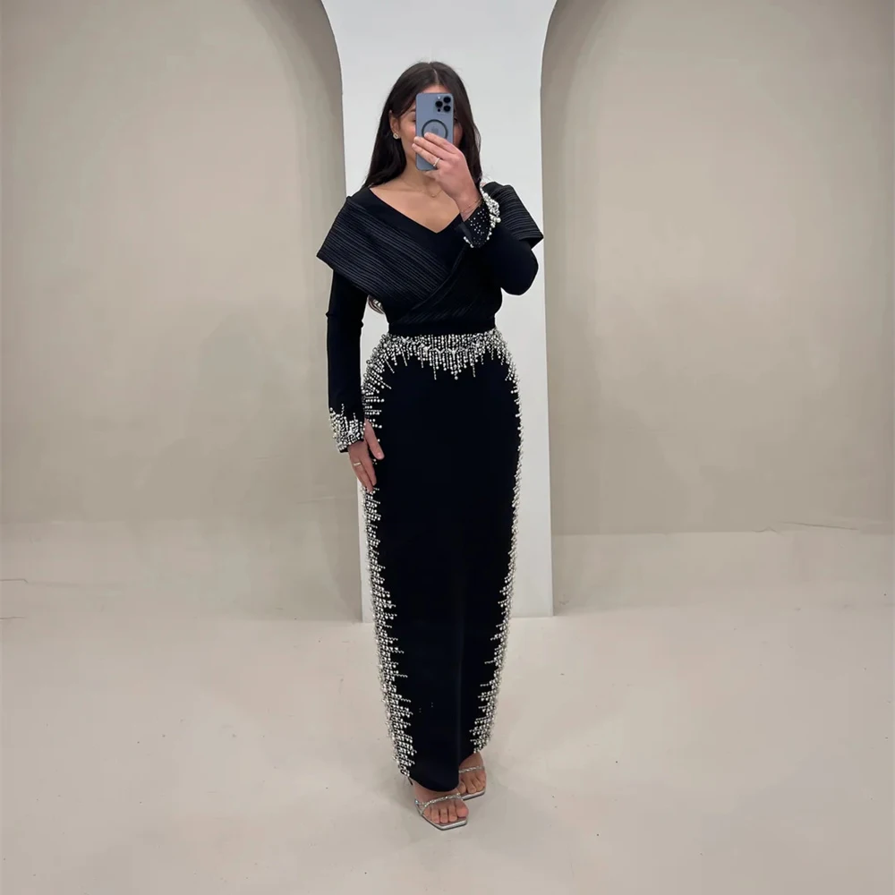 

Elegant Evening Dress V Neck Long Sleeve Prom Dresses Appliques Pleated Straight Formal Gowns For Cocktail Event Customized