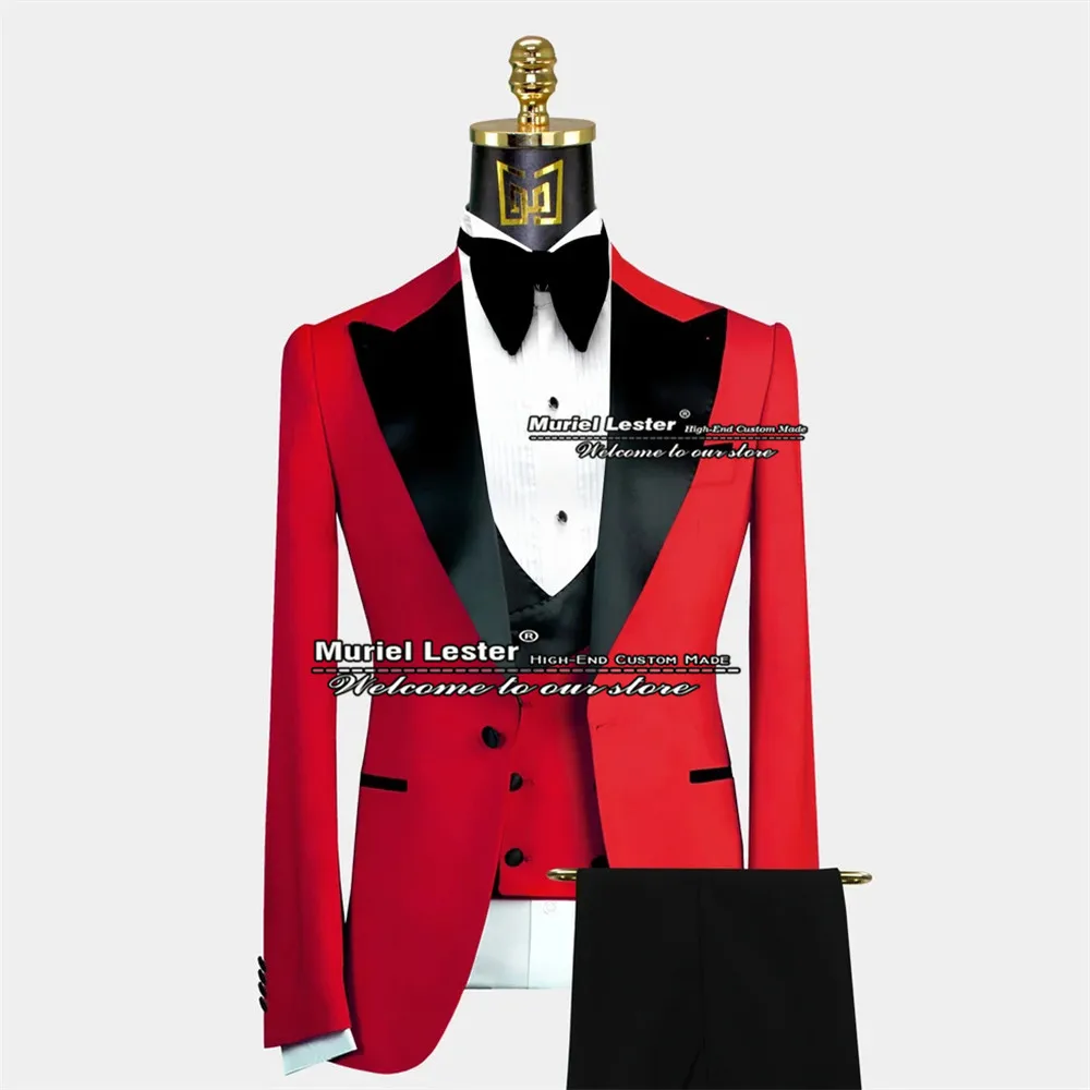 Customized Green Men Suits Formal Jacket+Vest+Pants 3 Pieces Smoking Business Black Shawl Lapel Blazer Costume Homme Mariage