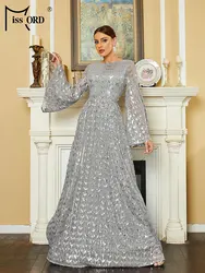 Missord Elegant Grey Sequin Prom Dress Women Flare Sleeve O-Neck Open Back A-line Loose Party Evening Dresses Long Formal Gown