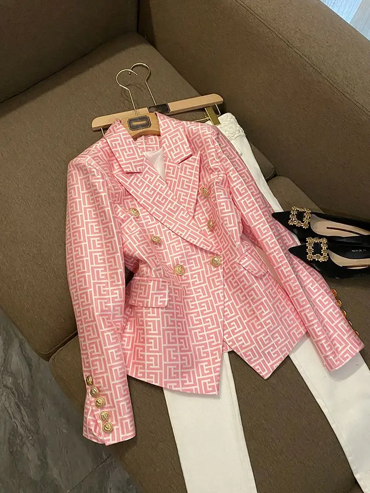 Geometry Print Pink Blazers For Women Elegant Chic Long Sleeve Vintage Jacket Female Fashion Prom Party Burr Coats Tops Clothing