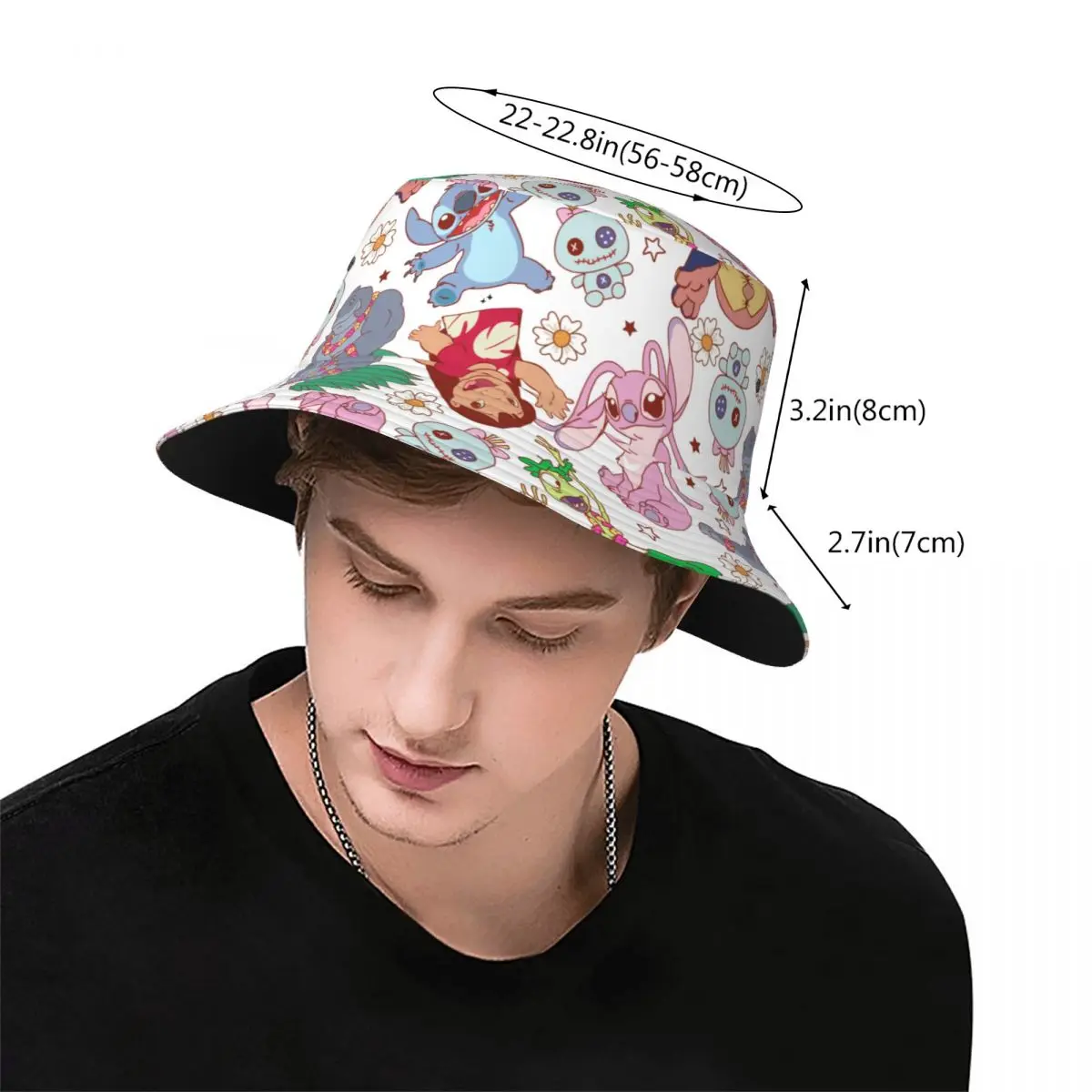 Hübscher süßer Eimerhut mit Stich und Engel für Teenager, UV-Schutz, niedlicher Alien-Druck, Bob-Hut, Kappe, Reise-Kopfbedeckung