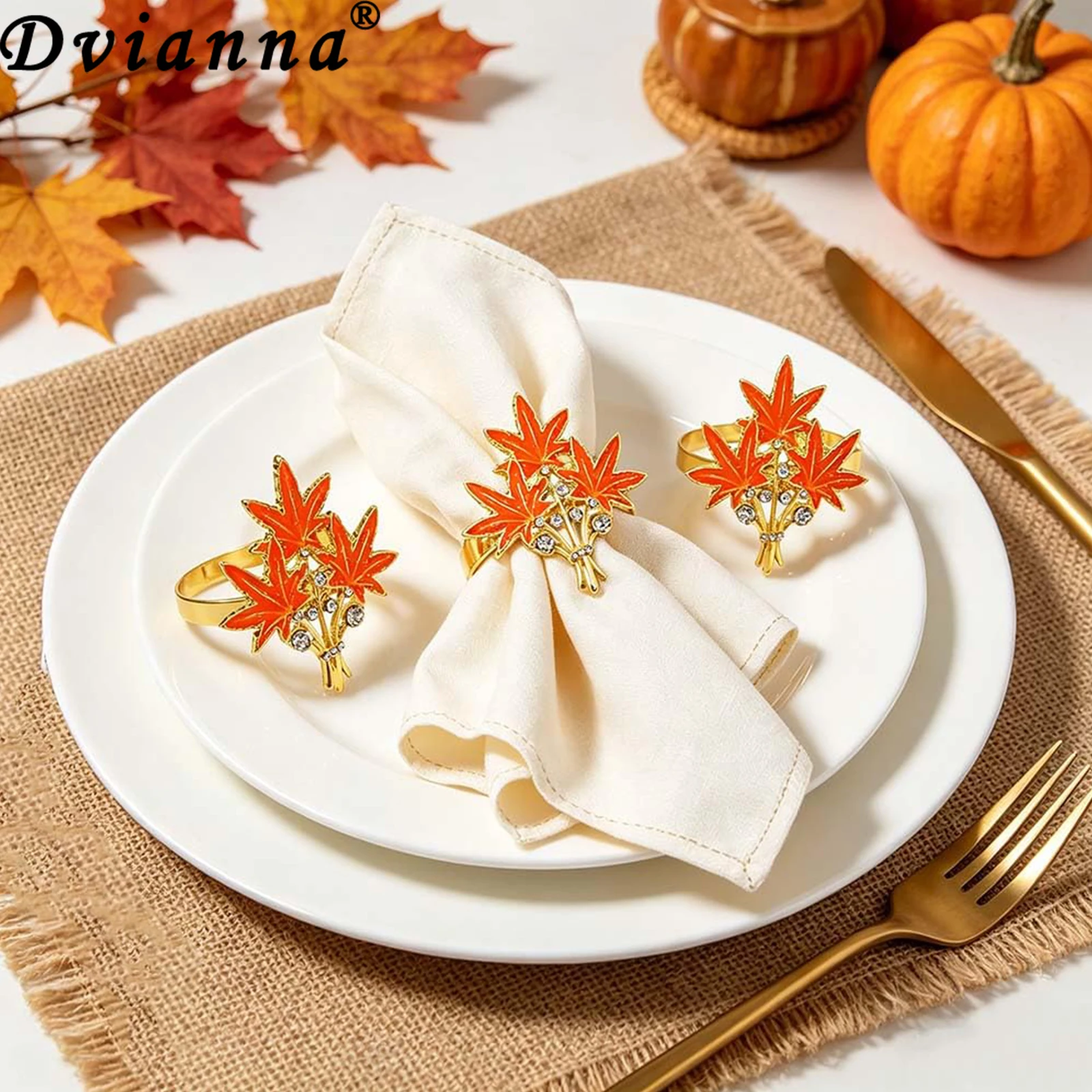 6Pcs Orange Maple Leaf Napkin Rings Metal Napkin Ring Holder| Elegant Autumn Harvest Table Decor for Thanksgiving Party Supplies