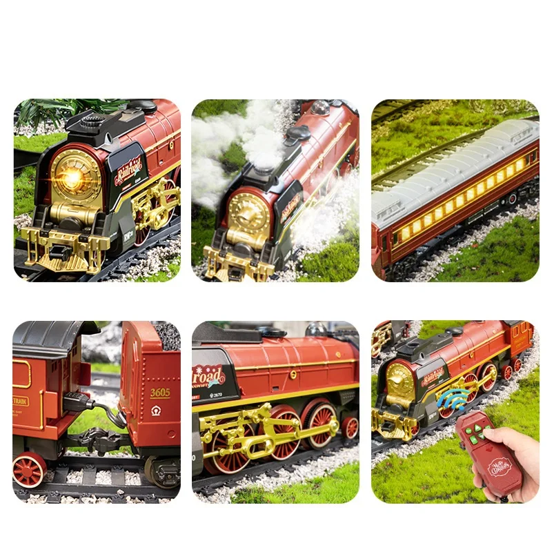 Smoke Simulation Steam Retro Model Train Electric Rail Car 2.4Ghz Remote Control Train Toys With Smokes, Light & Sound