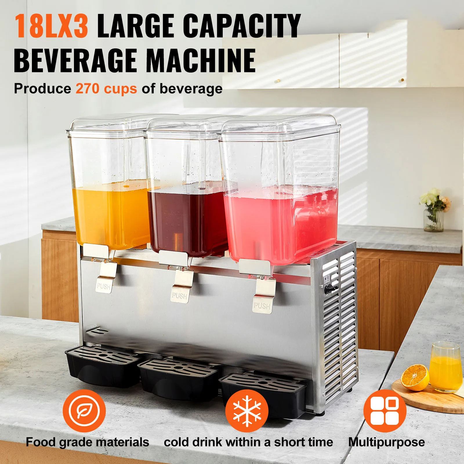 VEVOR Commercial Beverage Dispenser, 18L X 3 Tanks Ice Tea Drink Machine, 680W 304 Stainless Steel Juice Dispenser, for Party