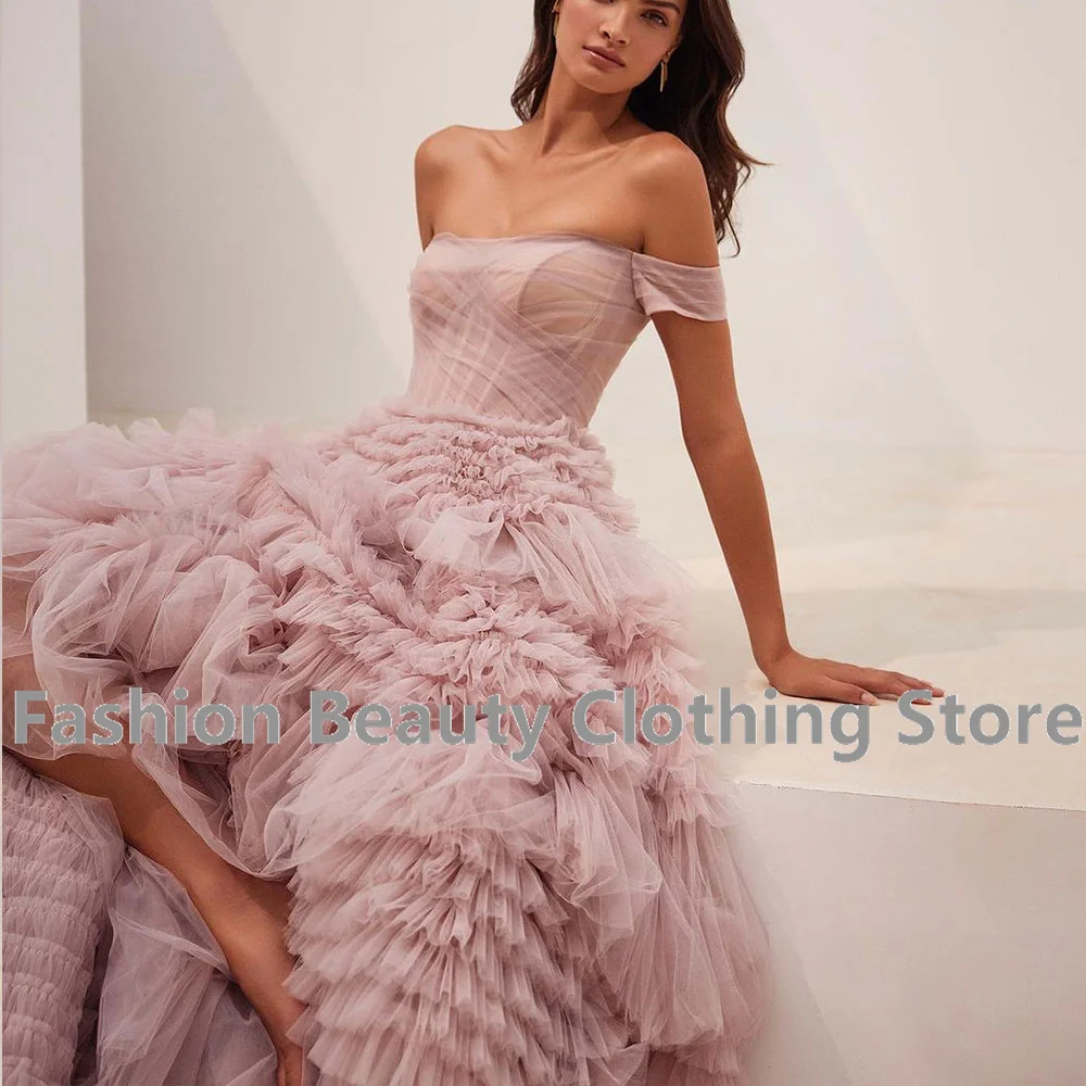 Saudi Arabia Prom Gown Off The Shoulder Tulle Back Lace-up Tiered Ruffle Evening Dress A-Line High Split Formal Occasion Dresses