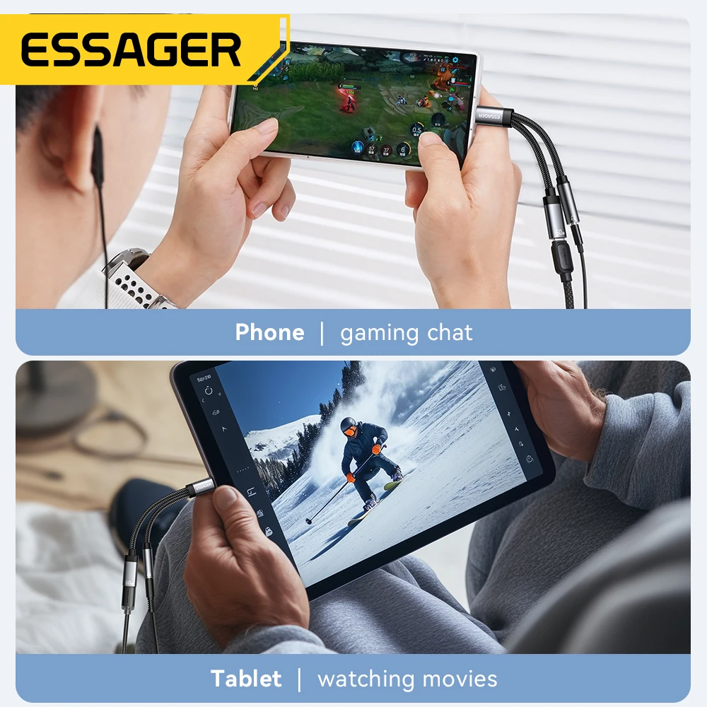 ESSAGER 2 w 1 Adapter audio typu C Ładowarka PD 60W Szybkie ładowanie z kontrolą linii 3,5 mm dla iPhone'a Android Phone Tablet PC — zdjęcie produktu 6