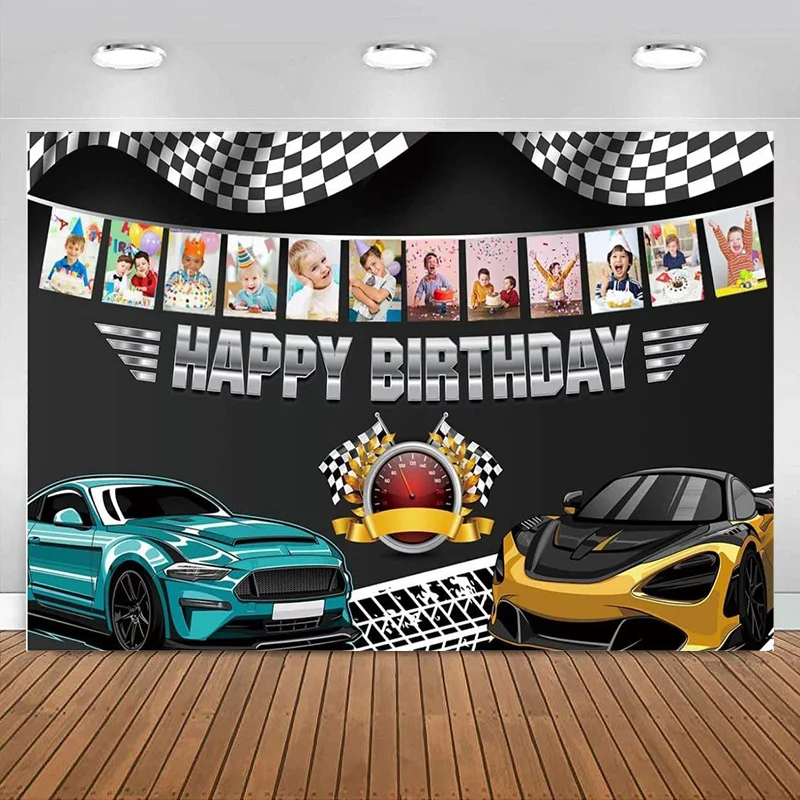 Race Car Happy Birthday Party Banner Backdrop Racing Themed Decorations Background Speedometer for Boys Baby Shower Photography