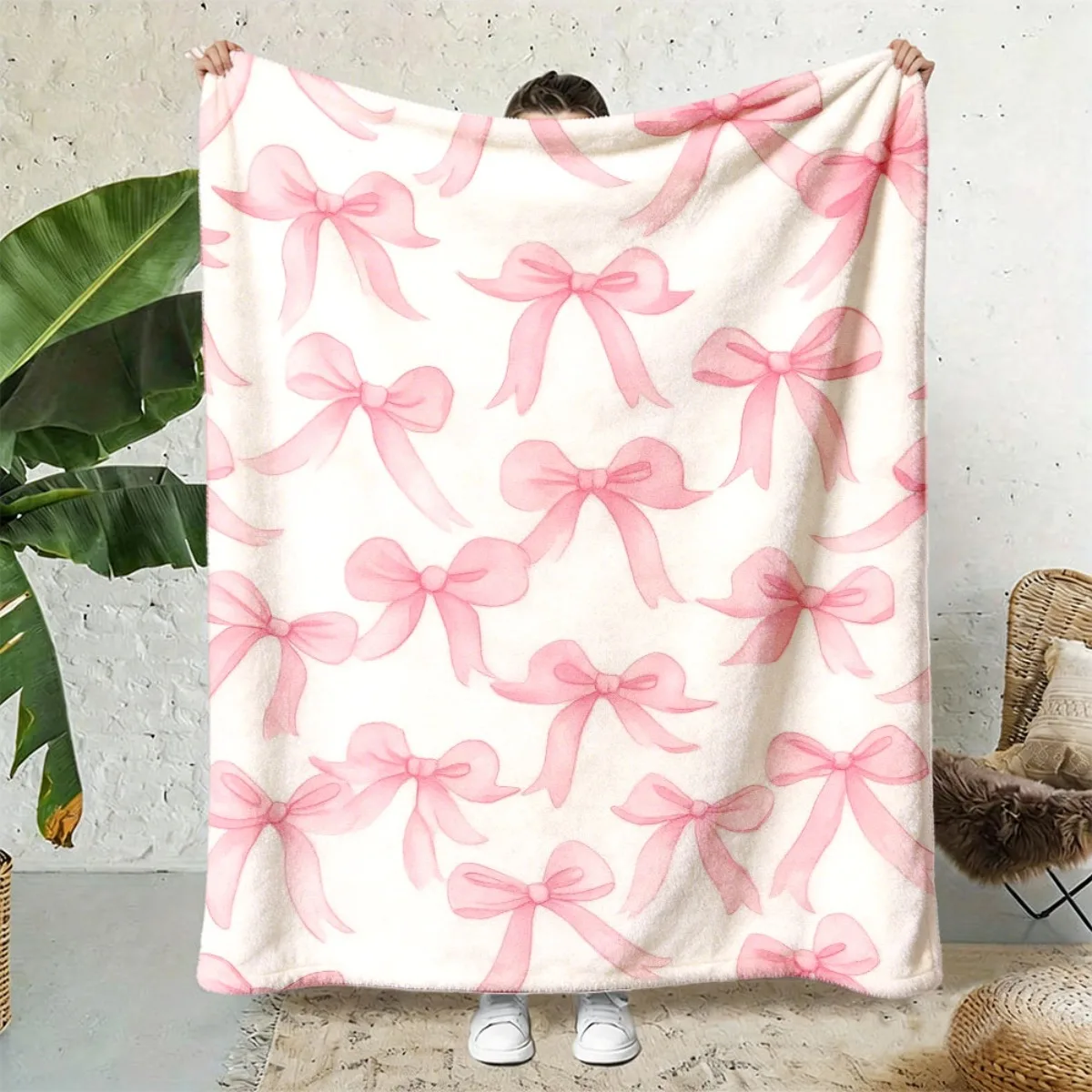 Cute Pink Bowknot Print Throw Blanket Cozy Sofa Couch Manta Soft Bed Decorative Blanket for Bedroom Living Room Decor
