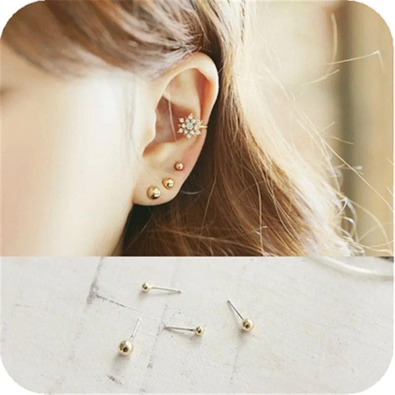 3Pairs Fashion Round Stud Earrings Set For Women Korean Style Zinc Alloy Gold Color Balls Brand Jewelry Accessories