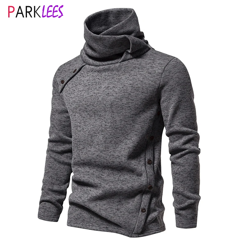 

Gray Turtleneck Sweater for Men Fashion Oblique Button Long Sleeve Knit Sweaters Mens Casual British Style Bottoming Undershirt