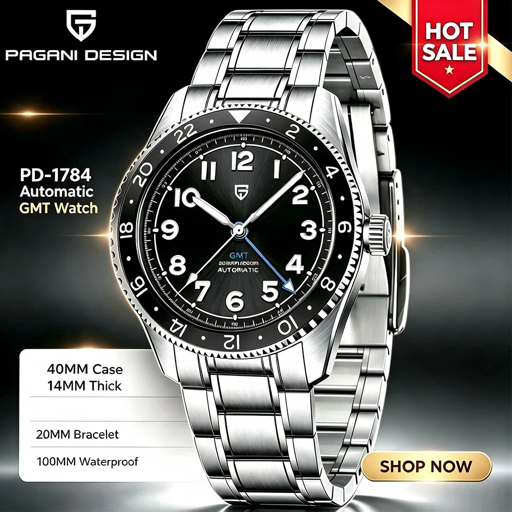 PAGANI DESIGN PD1784 GMT Orologio Meccanico Automatico DG5833 Acciaio Inossidabile Vetro Zaffiro Orologi Impermeabili reloj hombre