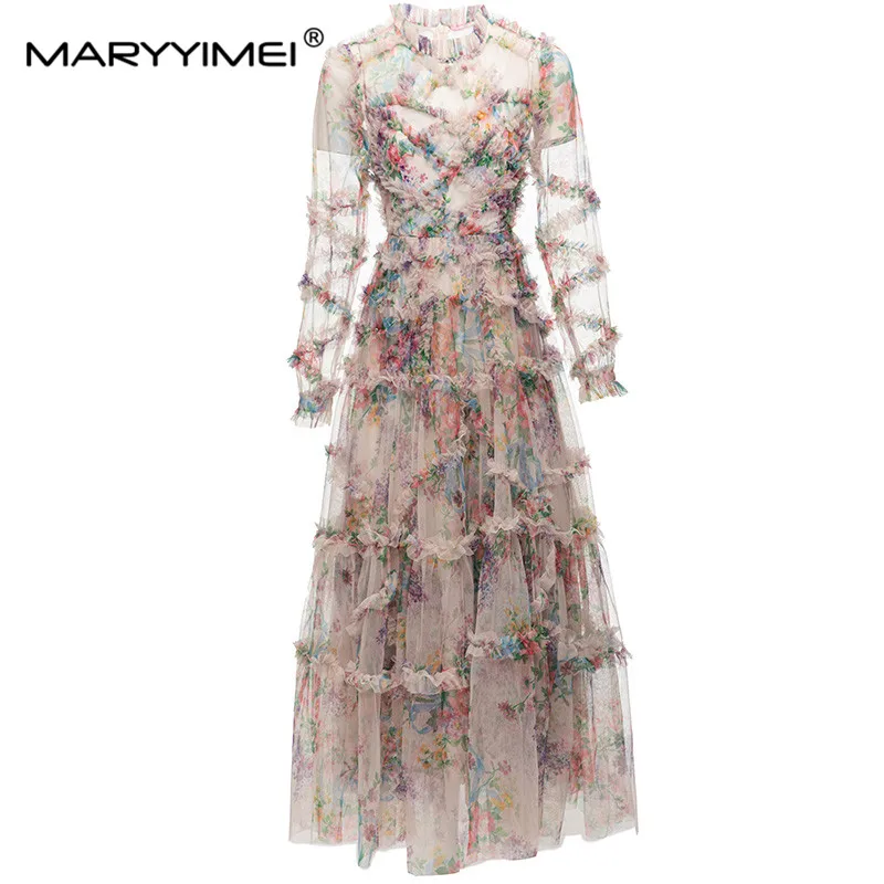 MARYYIMEI New Autumn Fashion Elegant dress Mesh Lantern Sleeve Print Wood Ear Edge Waist Up Banquet Long Dresses