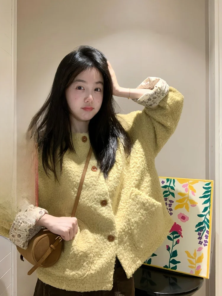 

Retro Autumn Le Yellow Ring Woolen Coat Winter New Design Loose Splicing Floral Patchwork Open Cardigan Top for Young Women