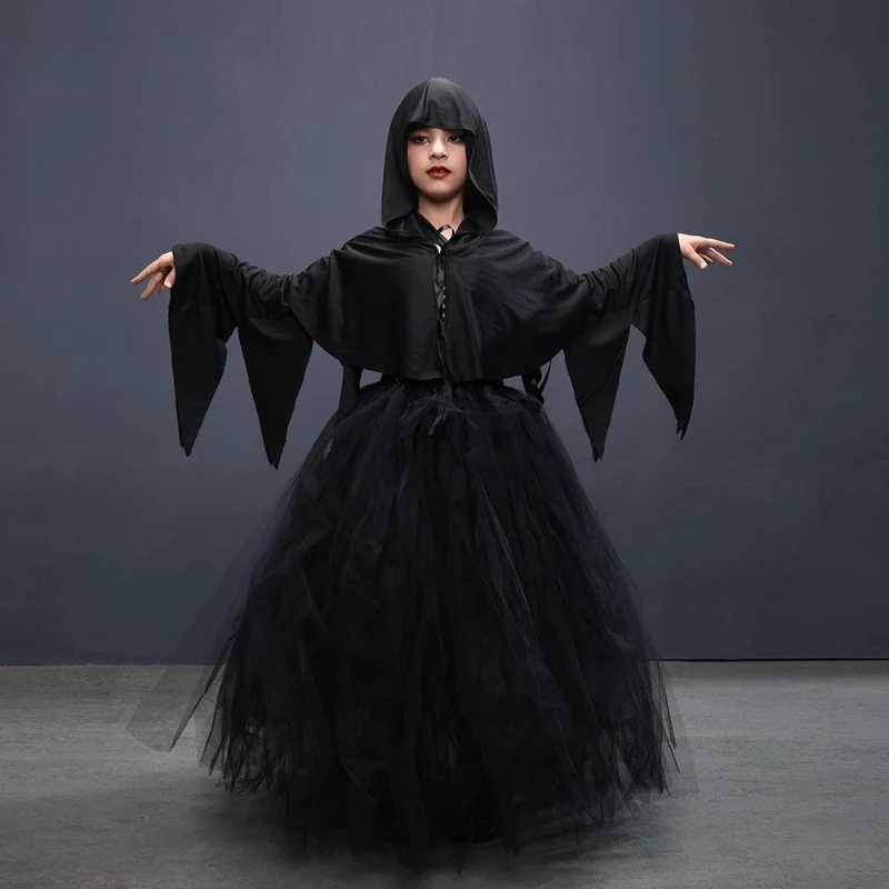 Dark Victorian Sorceress Hood Cloak Tutu Costume Medieval Flared Sleeve Mesh Dress Ideal for Carnival Stage Photoshoot Outfit