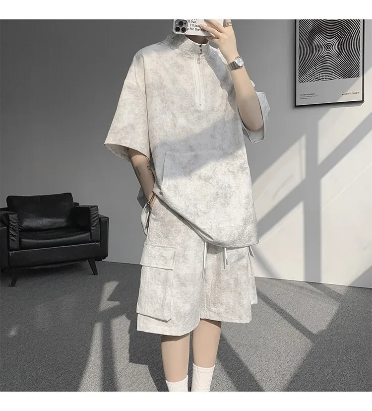 2026 Sommer Hong Kong Style Halb-Reißverschluss-Färbe-Set aus Eisseide mit Kühlfunktion, zweiteiliges Sportswear-Outfit im Hanfu-Stil mit kurzen Ärmeln – Detail 13