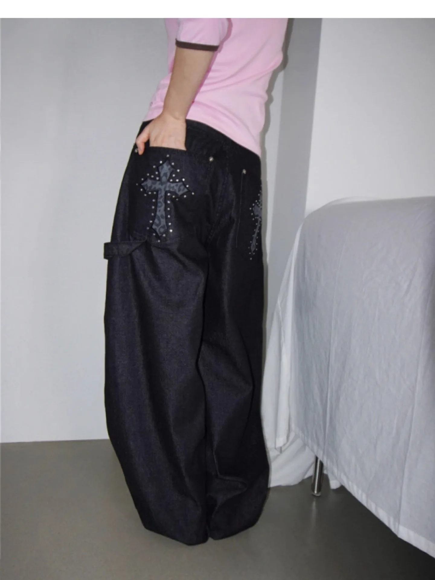 Americanstyle Retro Leopard-print Cross-shaped Jeans And Women Spring-autumn Style High Street Design Comfortable Wide-leg Pants