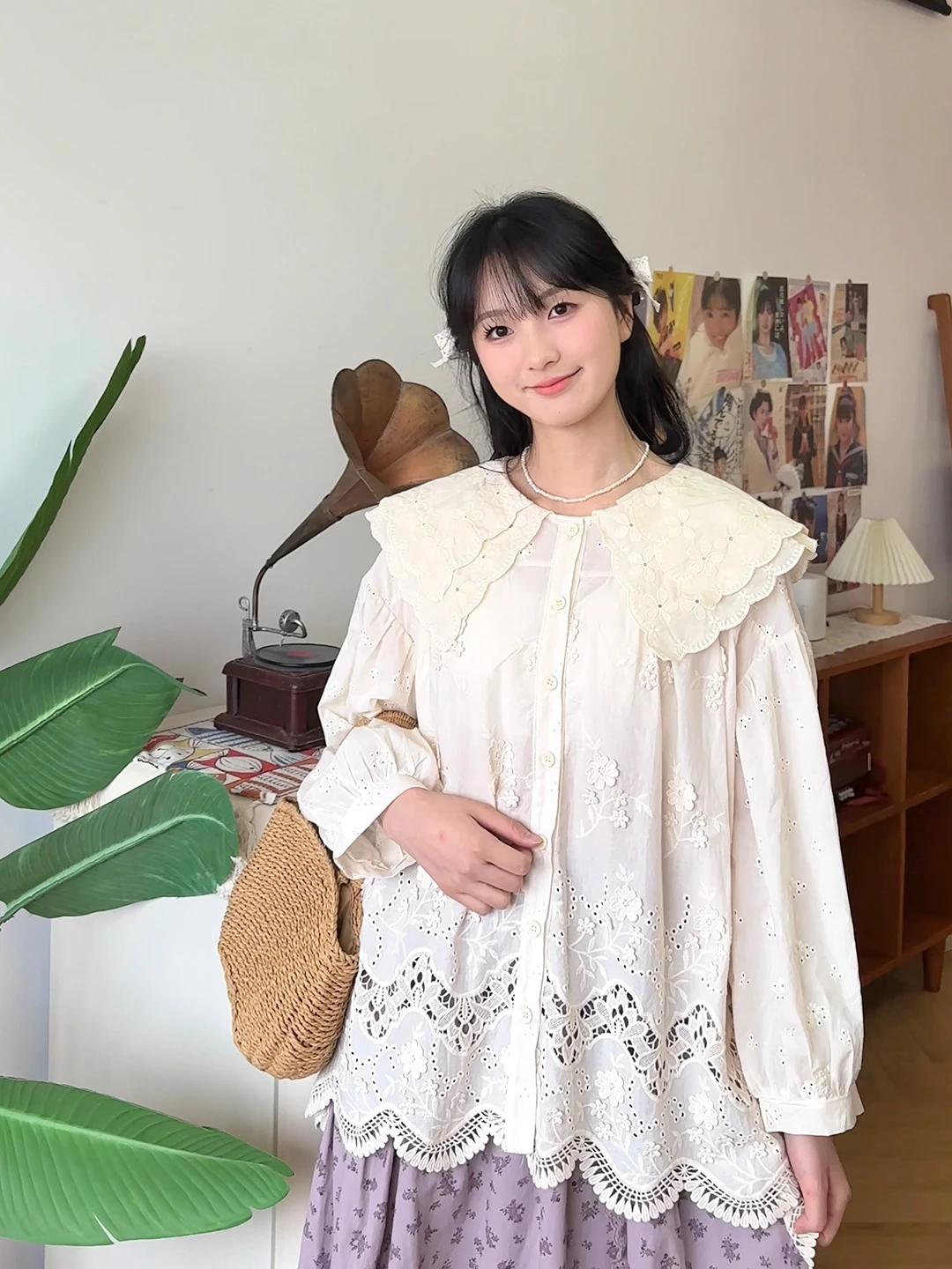 

Sweet Double Layer Cotton irt Pure Color Embroidery Large Point Collar 3D Flower Loose Fit Women's Spring Autumn Top