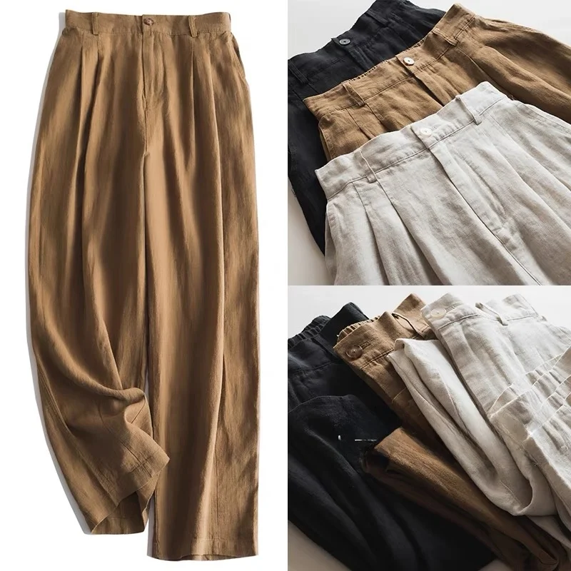 Pantalon à jambes larges en coton et lin pour femmes, taille élastique, ample, amincissant, décontracté, taille haute, Long