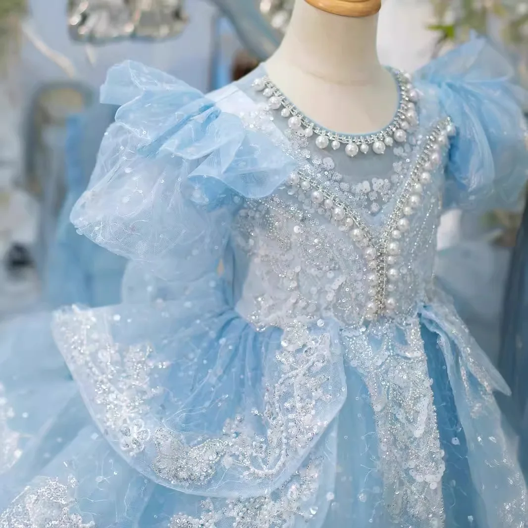 Vestido de baile brillante para bebé, vestidos de niña de flores con perlas y lentejuelas, vestidos de fiesta de cumpleaños de graduación de princesa