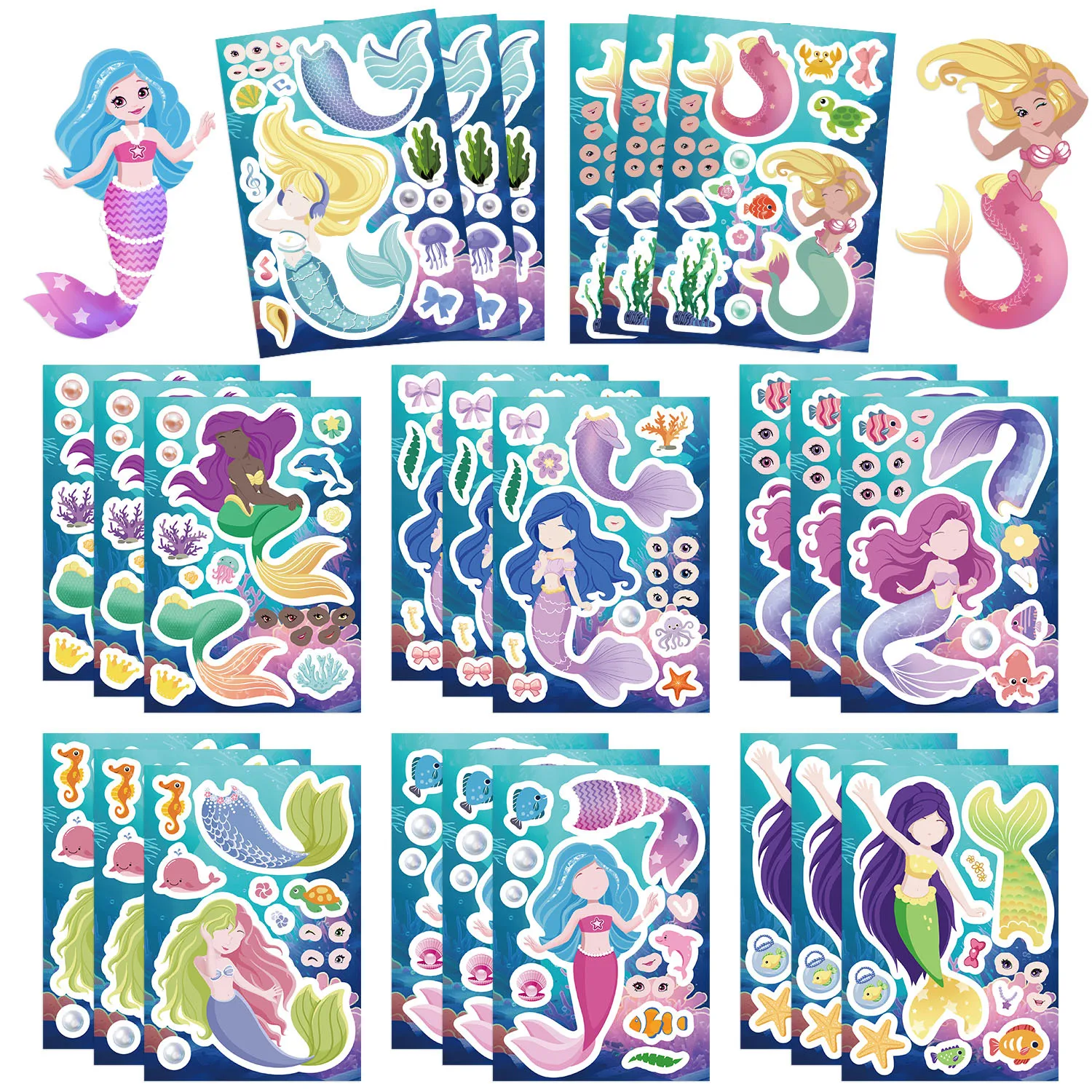 

8pcs Disney Cartoon Mermaid Face-changing Puzzle Dress-up Sticker Decals Waterproof For Laptop Guitar Luggage Bike Diy Kids toy