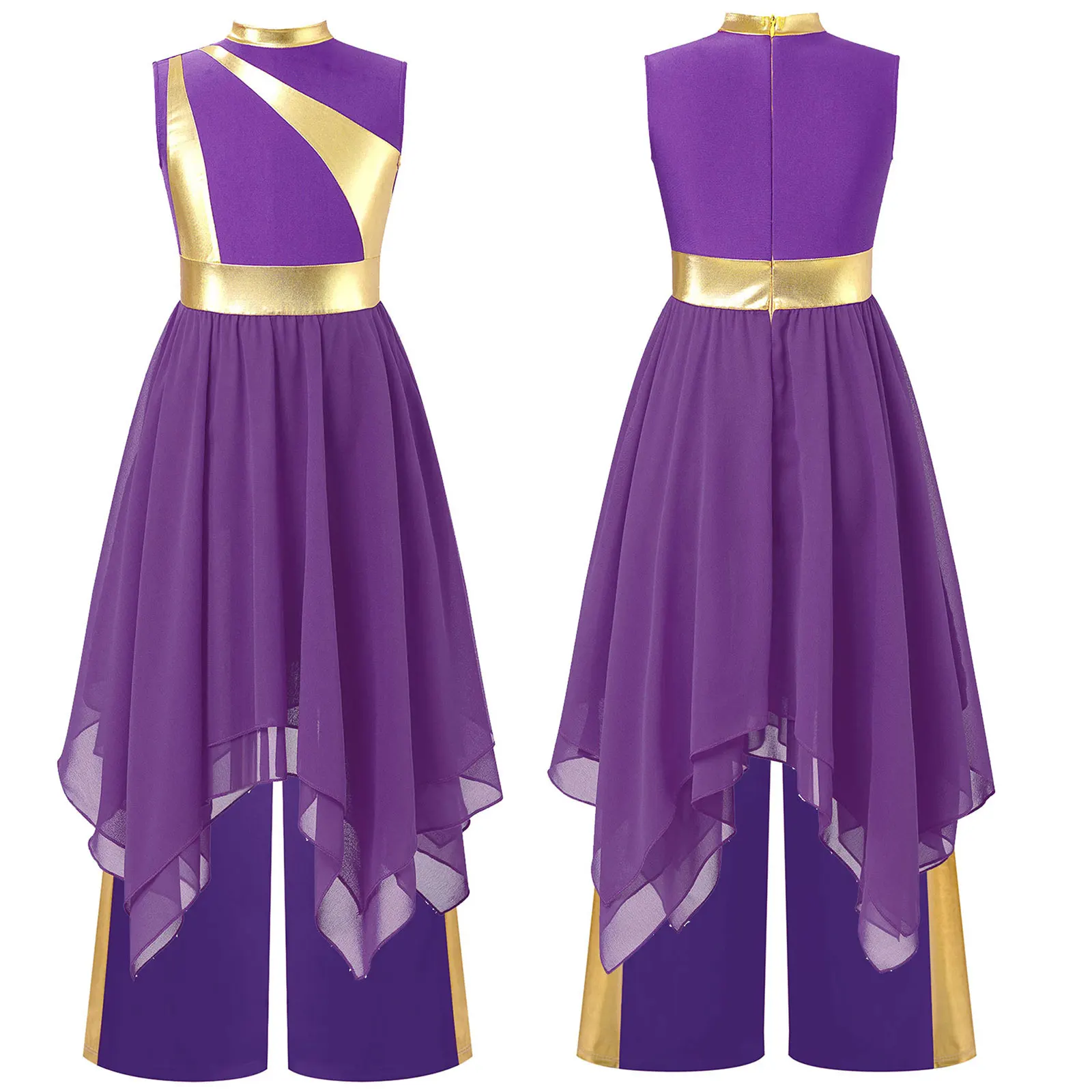 

Kids Girls Liturgical Praise Dance Sets Shiny Metallic Patchwork Sleeveless Asymmetrical Hem Lyrical Dress with Wide-Leg Pants