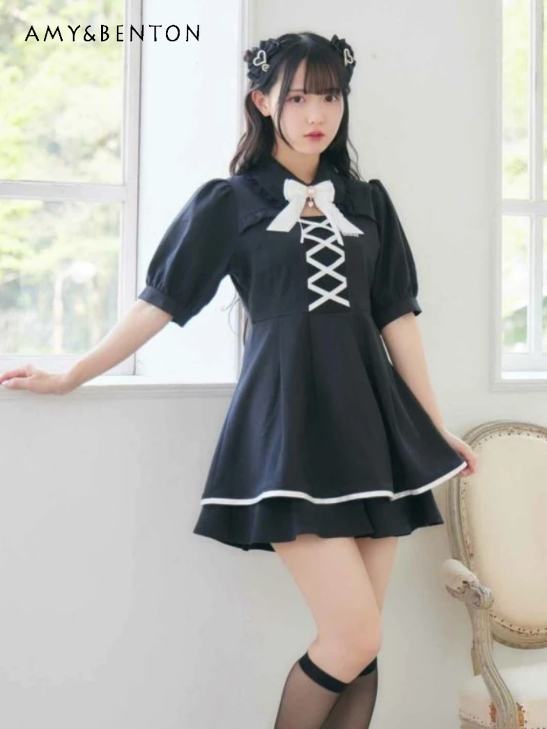 

Japanese RJ Lolita Dresses Summer Preppy Style Sweet Cute Bow Short Sleeve Slim Mini Dress Mine Kawaii A-line Dress for Women