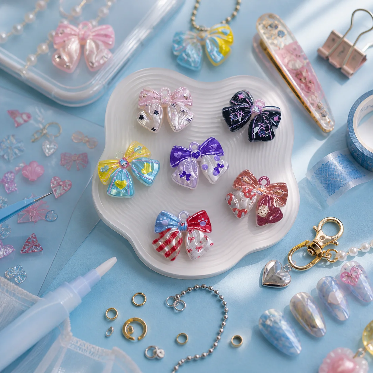 Colorful Acrylic Bow Charms 3D Patterned Pendant for DIY Jewelry Hair Clip Scrapbooking Craft