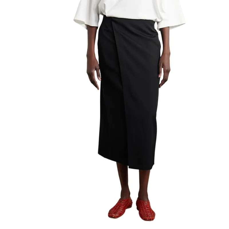 New Autumn and Winter Twill Wool Wrap-style Two-tone Midi Skirt