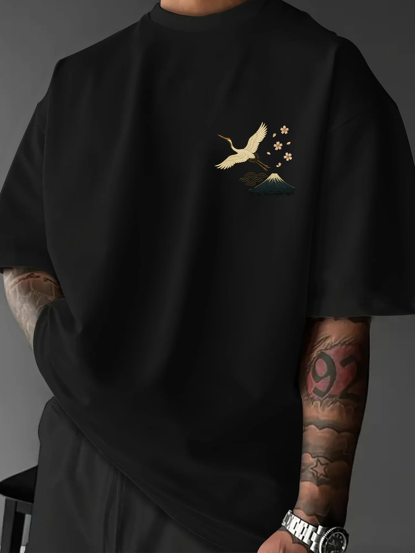 Men's Ukiyo-e Streetwear T-Shirt Japanese Wave Cherry Blossom Crane Print Crew Neck Short Sleeve Polyester Tops S-2XL