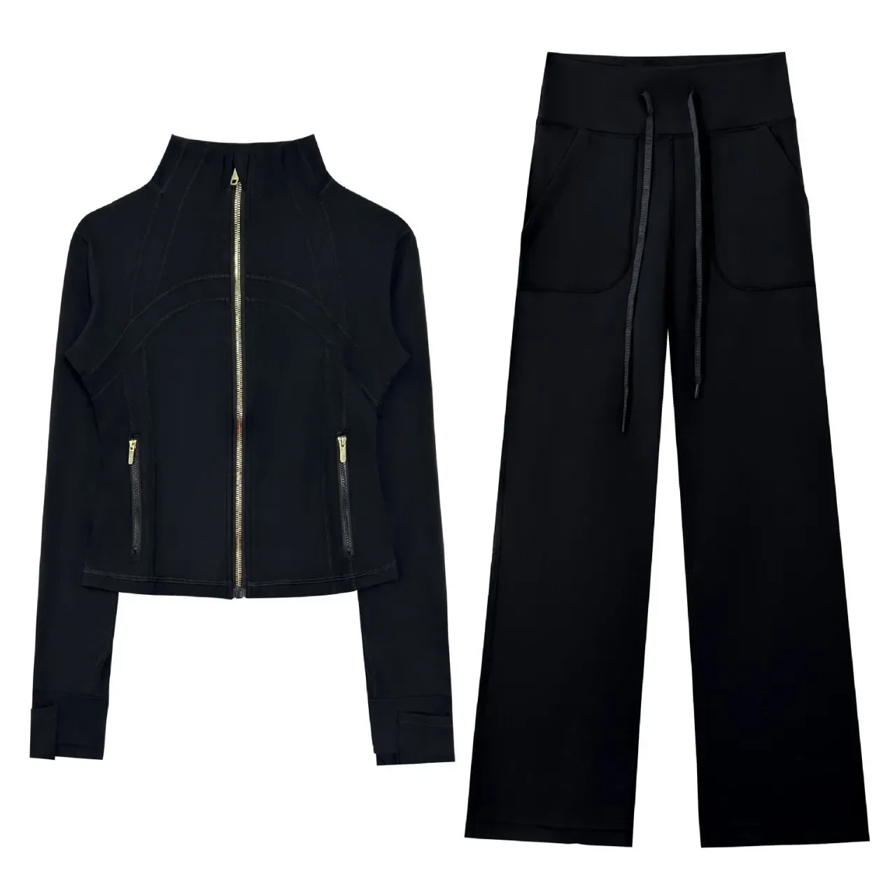 Lemon Fitness Set Yoga Sports Short Jacket Loose Yoga High Waist Drawstring Wide Leg Pants Running Workout Coat Sportswear Suits