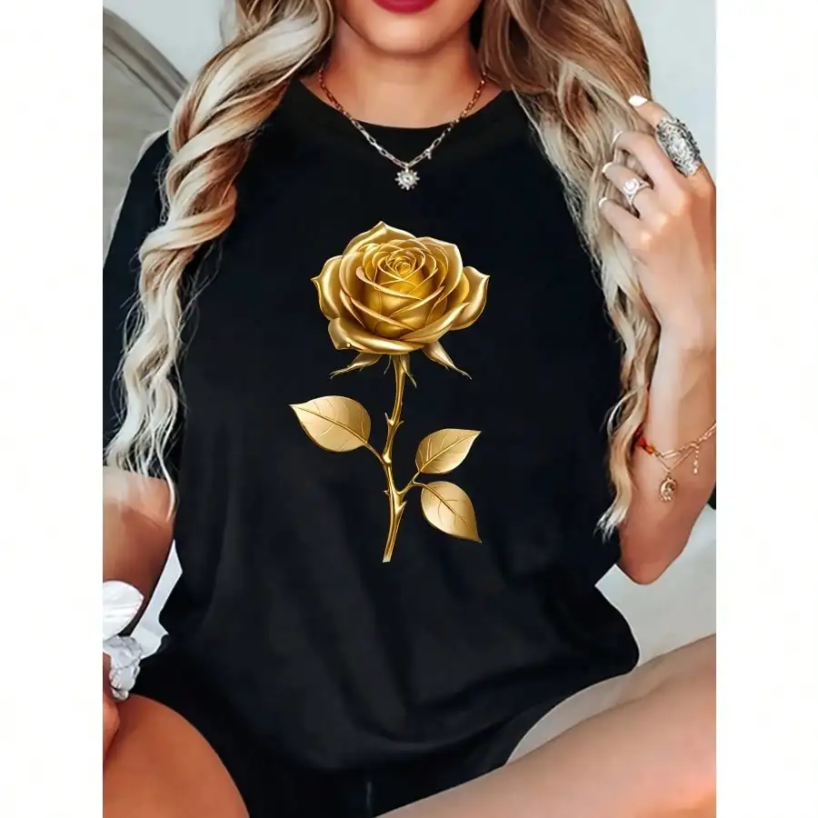 Elegancka koszulka plus size z grafiką złotej róży - żywy żółty krótki rękaw, codzienna koszulka z okrągłym dekoltem dla kobiet, możliwość prania w pralce
