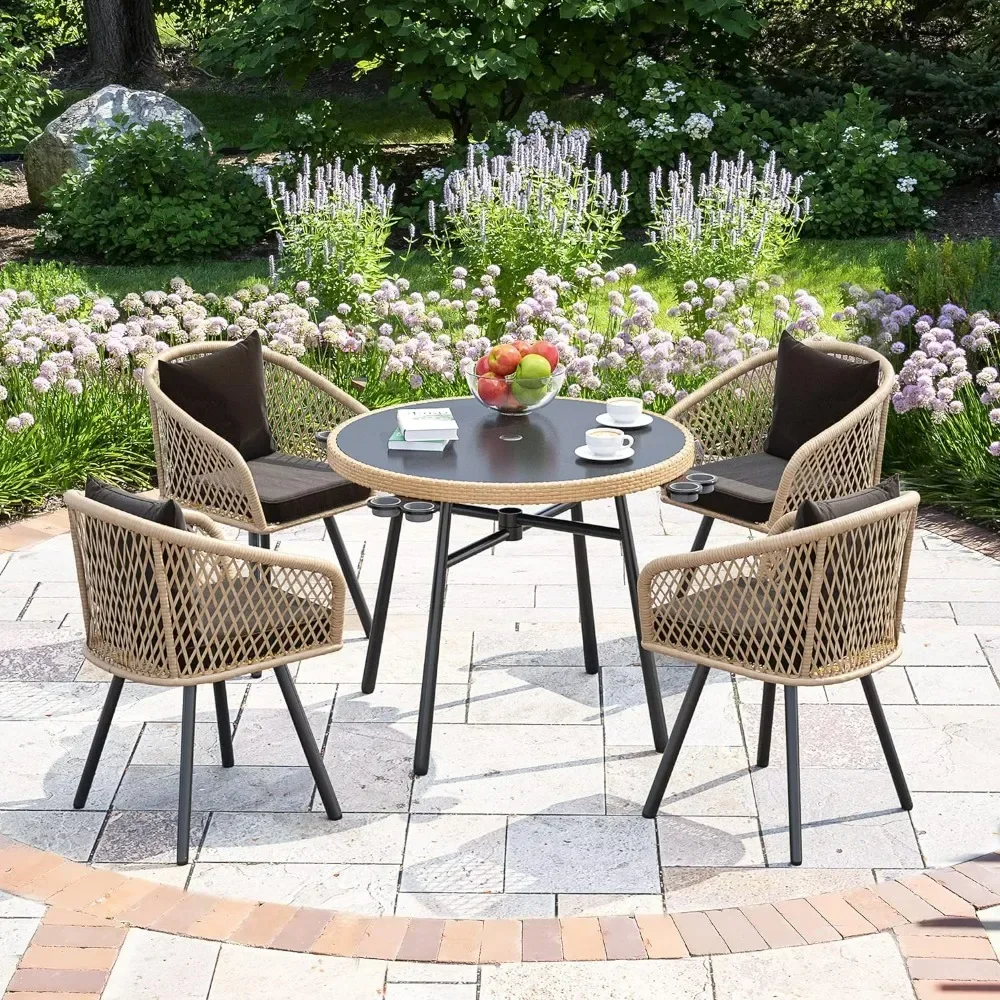 Outdoor Dining Set,with Umbralle Hole,Dinging Set For With Cup Holders Soft Cushions And Glass Top Dining Table,patio Furniture