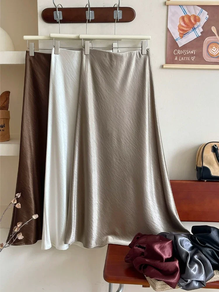 Women's Acetate Satin Fishtail Skirt High Waist A-Line Long Black Skirt for Spring Summer Elegant Temperament