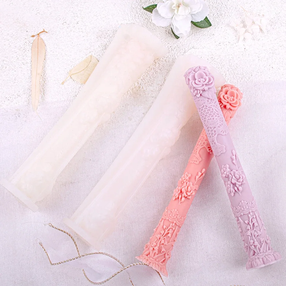 Relief Rose Flower Silicone Candle Moulds Lily Long Pole Gypsum Molds Plant Shape Cylinder Resin Decor Peony Soap Makinhg Tools
