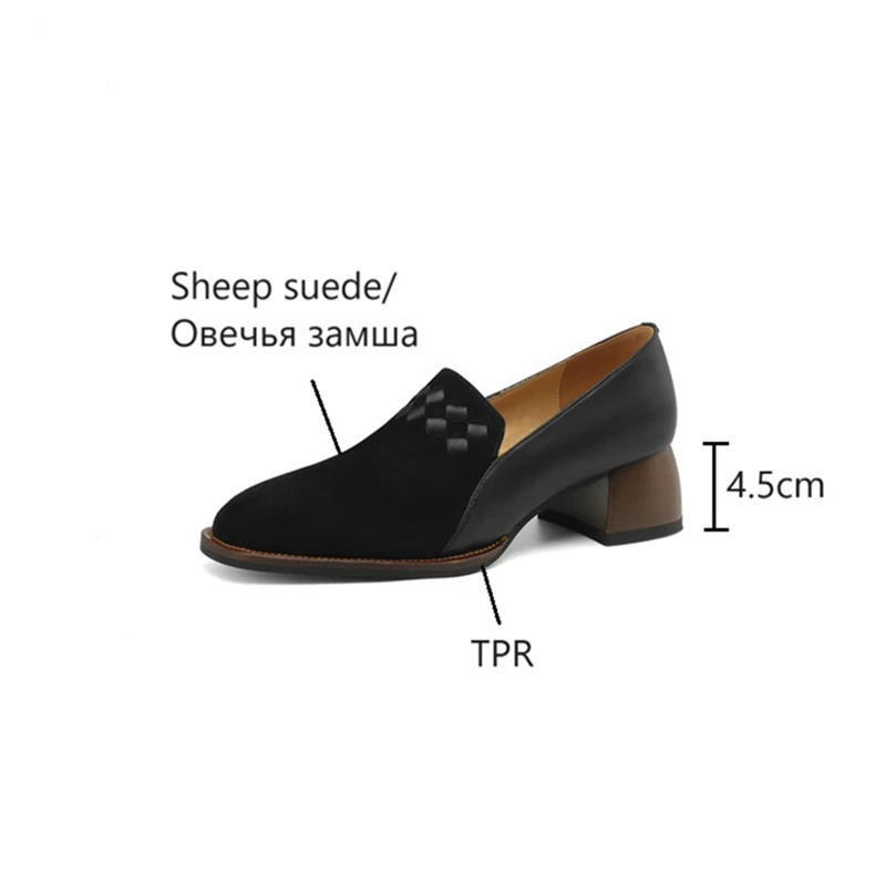 NEW Spring/Autumn Women Loafers Sheep Suede Leather Shoes for Women Square Toe Chunky Heel Black Shoes Concise Weave Women Pumps