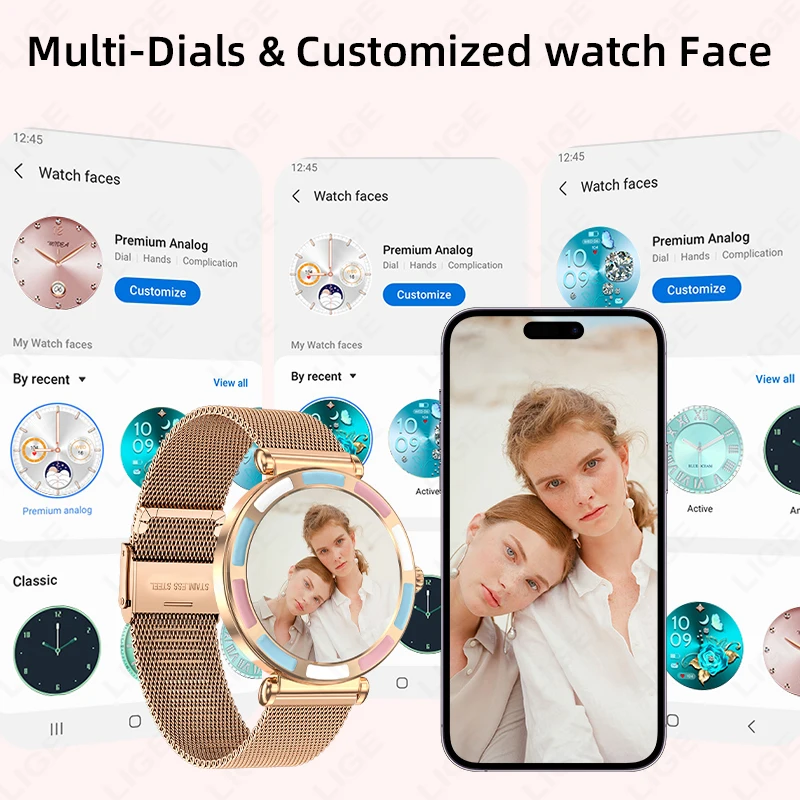 LIGE Fashion Smartwatch النساء 1.27 "HD شاشة سوار السيدات معدل ضربات القلب الرياضة مقاوم للماء بلوتوث دعوة الموسيقى امرأة ساعة ذكية