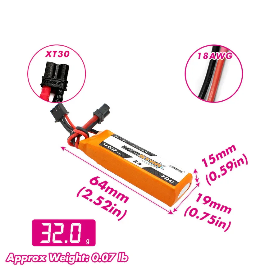 CNHL LiHV MiniStar HV 450mAh 7.6V 2S 70C Lipo Battery With XT30U 3PCS 6PCS