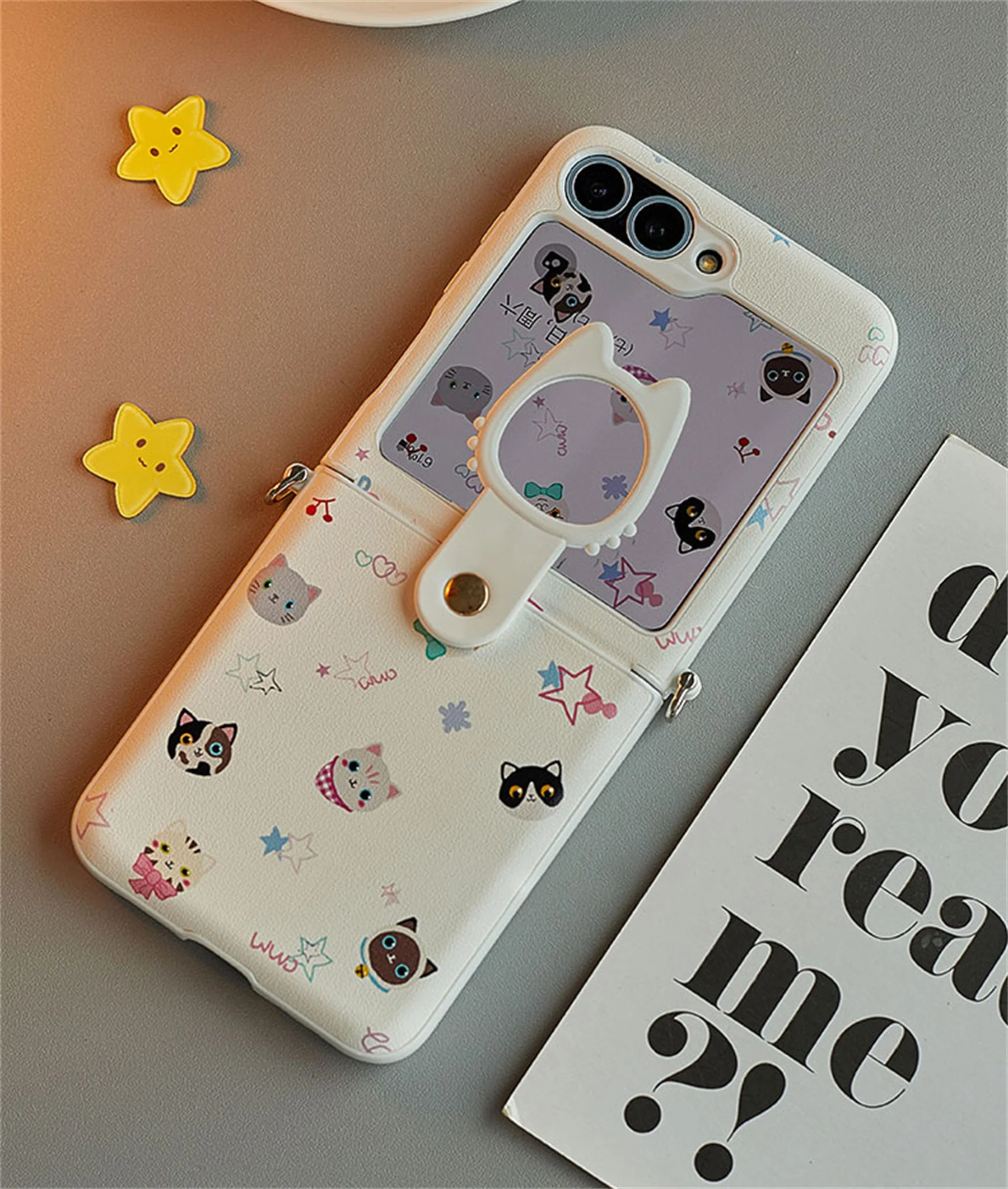 Fashion Korean ins Full Screen Cute Cat Solid White Leather Phone Case with Ring for Galaxy Z Flip 6 Z Flip 5 Z Flip6 Back Cover