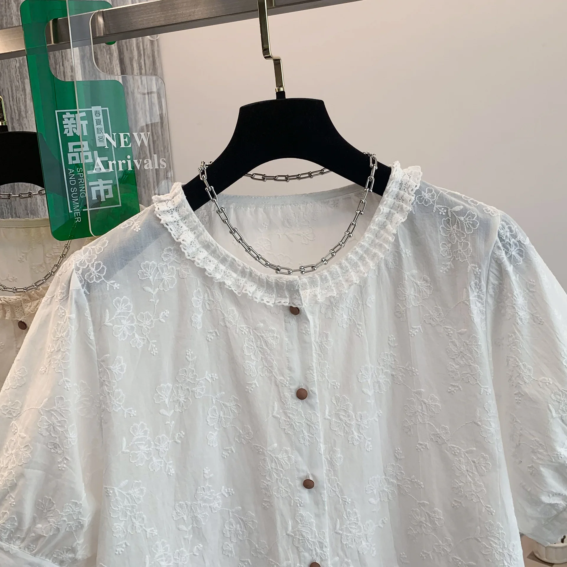 ใหม่2025ฤดูร้อนผ้าฝ้ายแขนสั้นเสื้อผู้หญิงRuffledเย็บปักถักร้อย, MoriสาวRetro Retroเสื้อหลวมๆสบายๆT55650CC