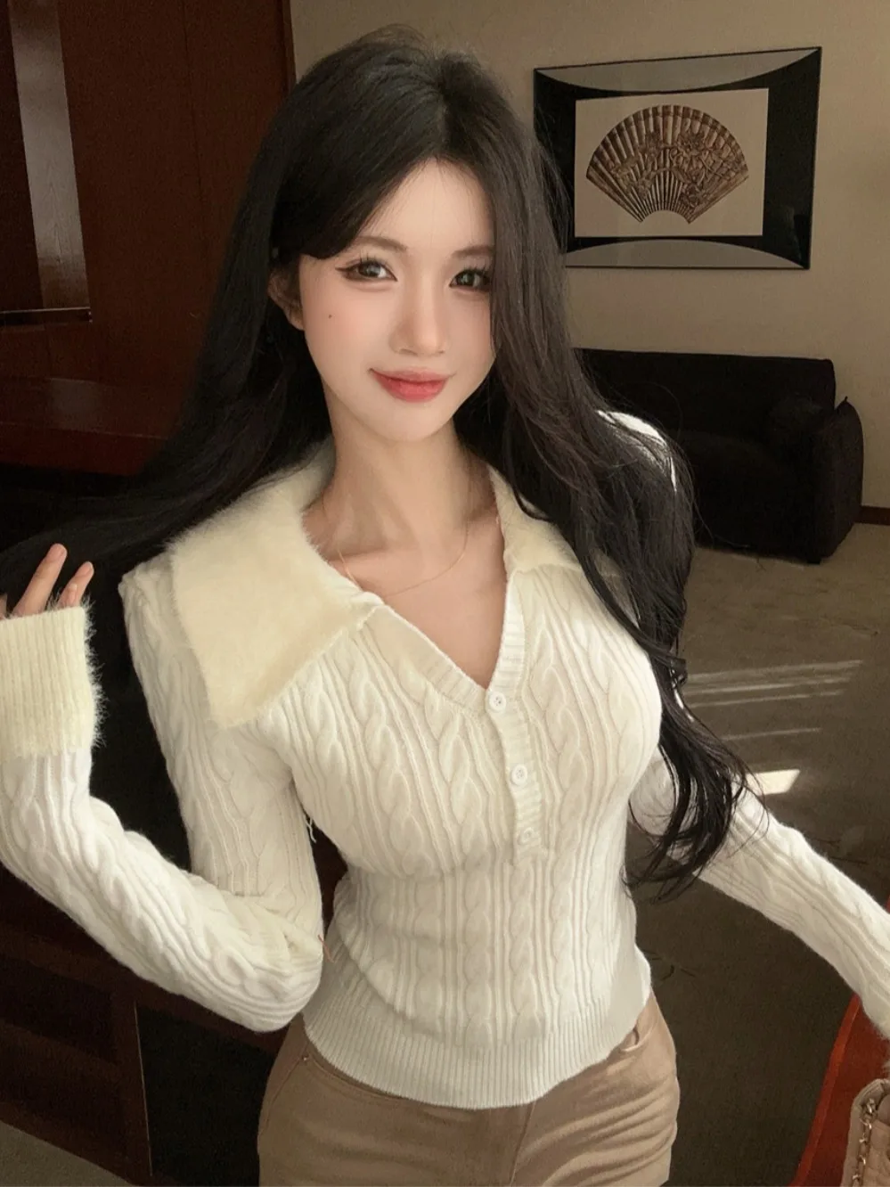 

Женский длинный вязаный свитер Sve с открытым воротником в рубчик, однотонный, для поездок на работу, облегающий крой, средней мягкости, зимняя мода