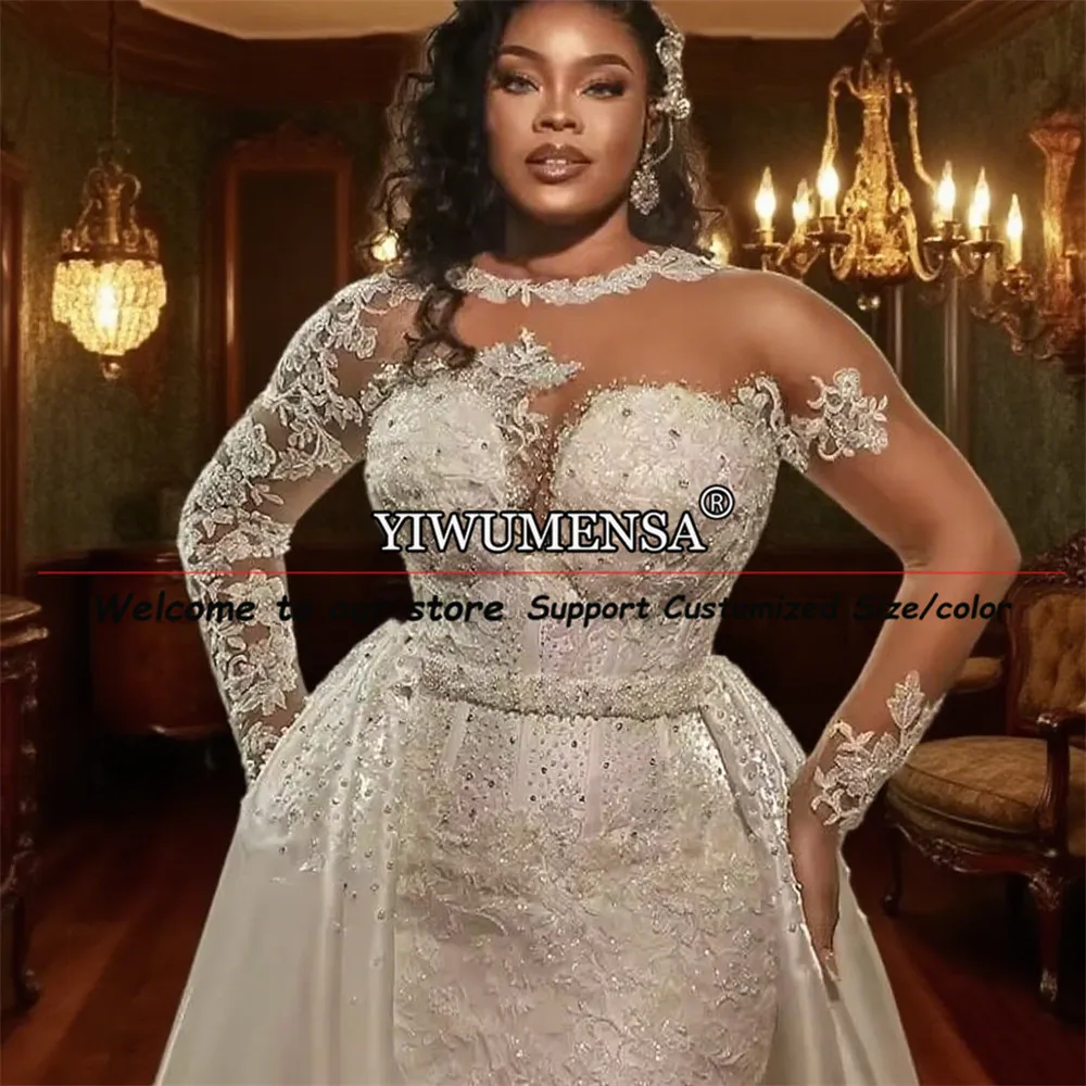 독점적인 O넥 레이스 아플리케 웨딩드레스, 신부를 위한 긴 소매 비즈 장식 브라이덜 가운, 탈부착 가능한 트레인, 여성 리셉션 가운