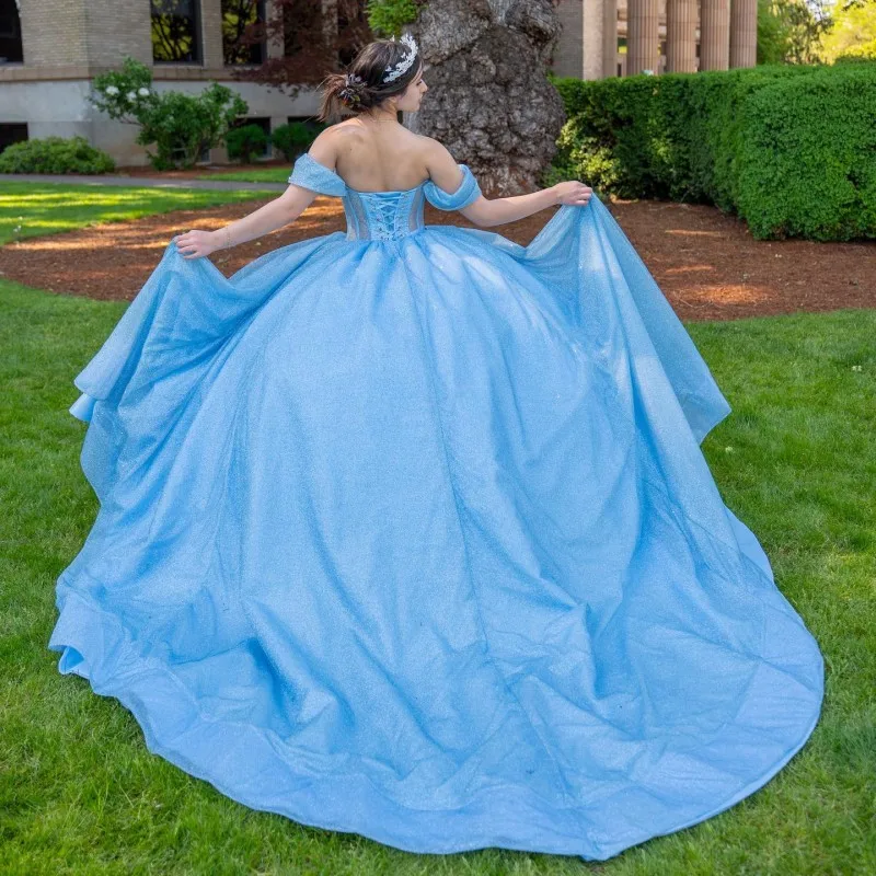 Angels bridep Himmelblau Schatz Quince anera Kleider von der Schulter Perlen Vestidos de 15 Anos Ballkleider Prinzessin Geburtstag Frauen